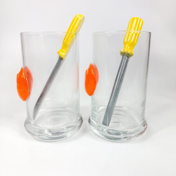 Screwdriver Cocktail Glasses Tumblers Set With Yellow Ceramic Stirrers & Orange - Picture 4 of 5